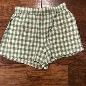 Madewell gingham green and white linen shorts